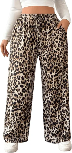 WDIRARA Women's Plus Size Leopard Print Drawstring Waist Pants Loose Wide Leg Pants with Pockets