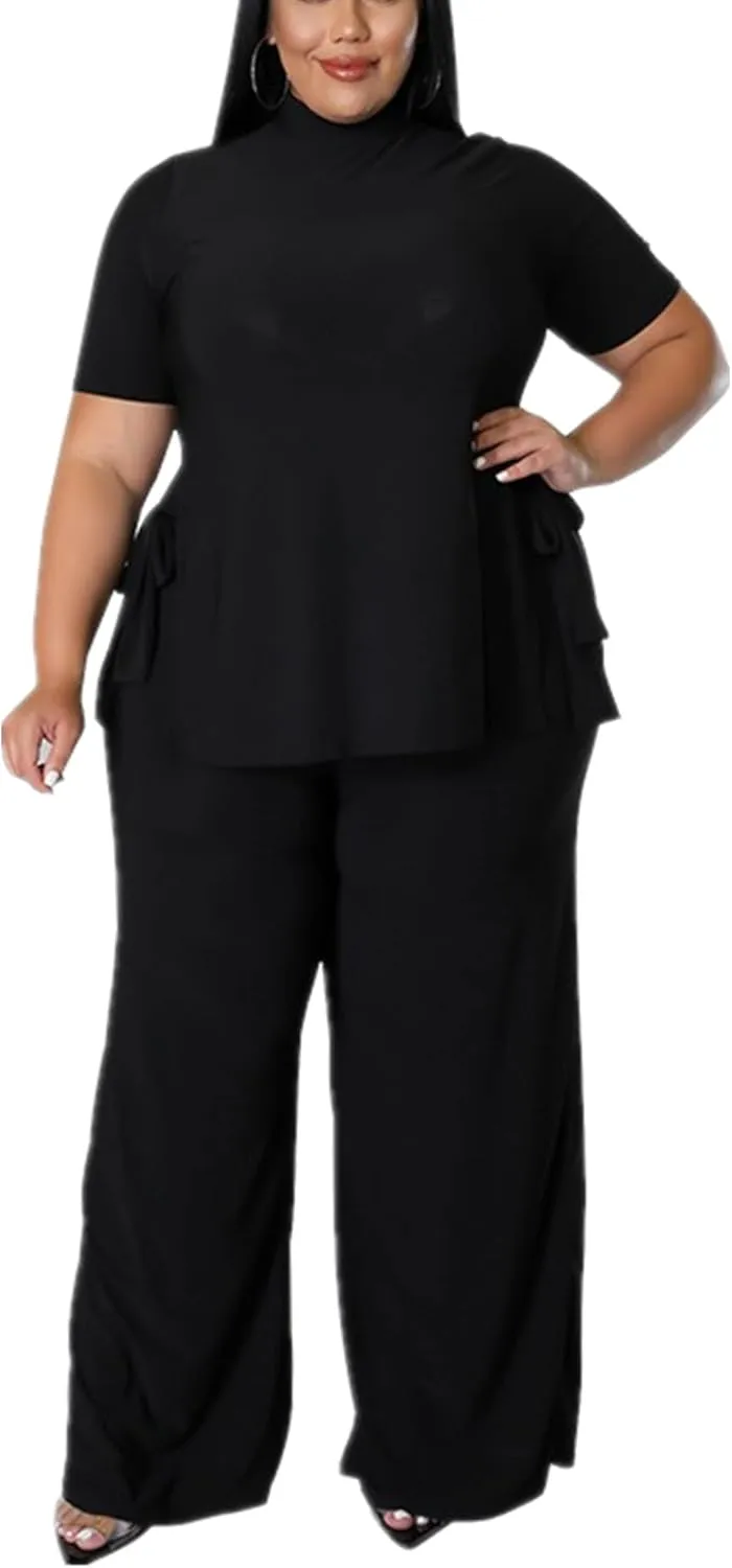 Wide Leg 2 Piece Outfits for Women Sweatsuit Sexy Short Sleeve Split Shirt Pant Set Casual Tracksuits