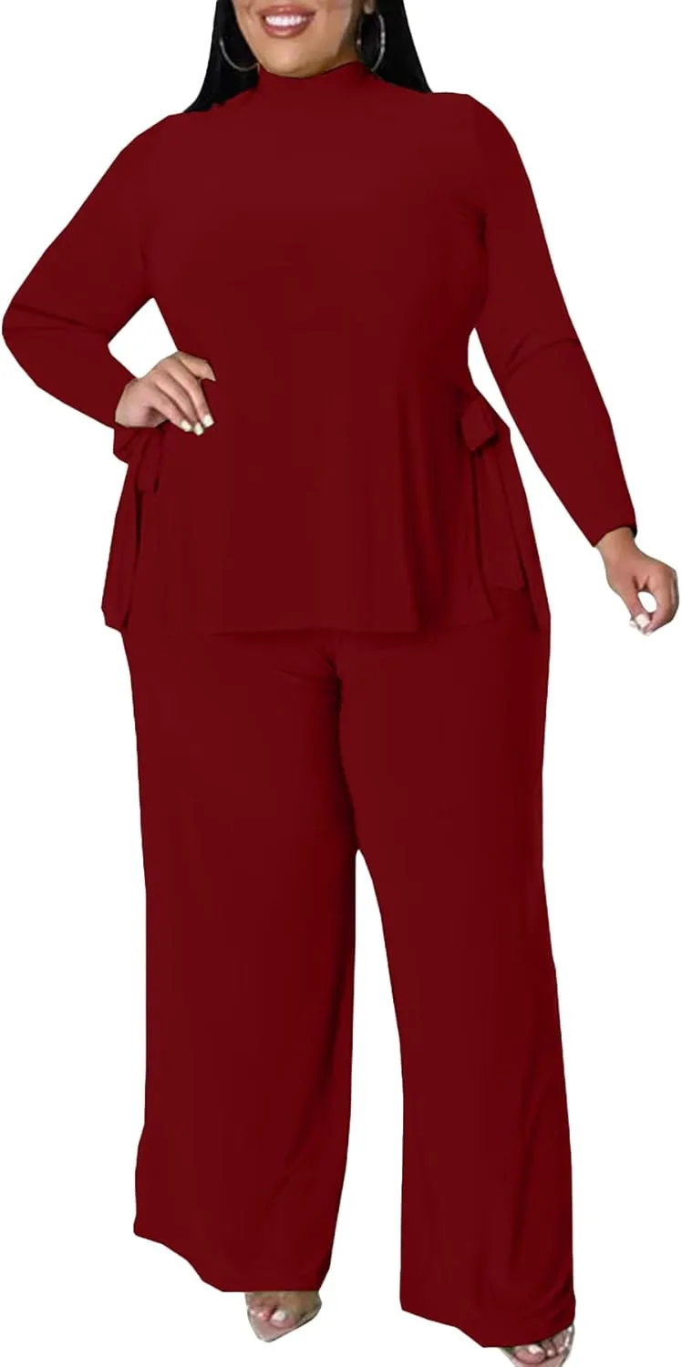 Wide Leg Plus Size 2 Piece Outfits for Women Sweatsuit Sexy Long Sleeve Split Shirt Pant Set Casual Tracksuits