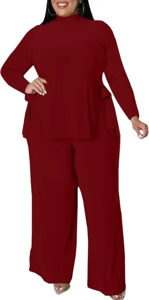 Wide Leg Plus Size 2 Piece Outfits for Women Sweatsuit Sexy Long Sleeve Split Shirt Pant Set Casual Tracksuits