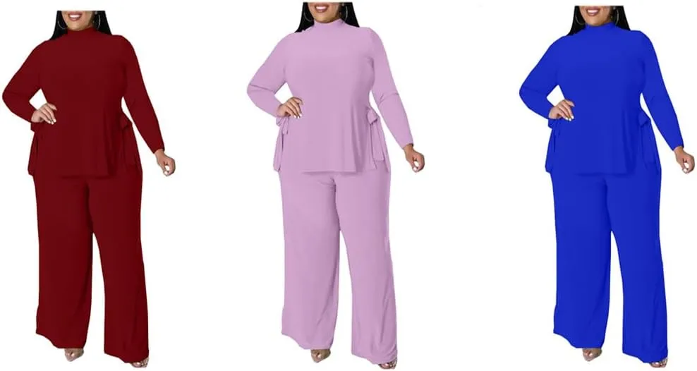 Wide Leg Plus Size 2 Piece Outfits for Women Sweatsuit Sexy Long Sleeve Split Shirt Pant Set Casual Tracksuits