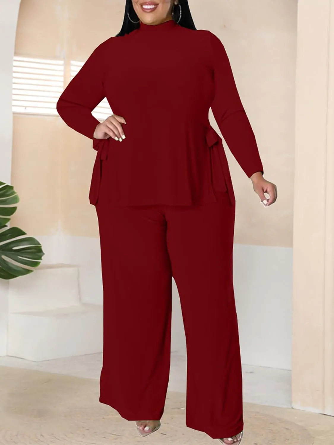 Wide Leg Plus Size 2 Piece Outfits for Women Sweatsuit Sexy Long Sleeve Split Shirt Pant Set Casual Tracksuits