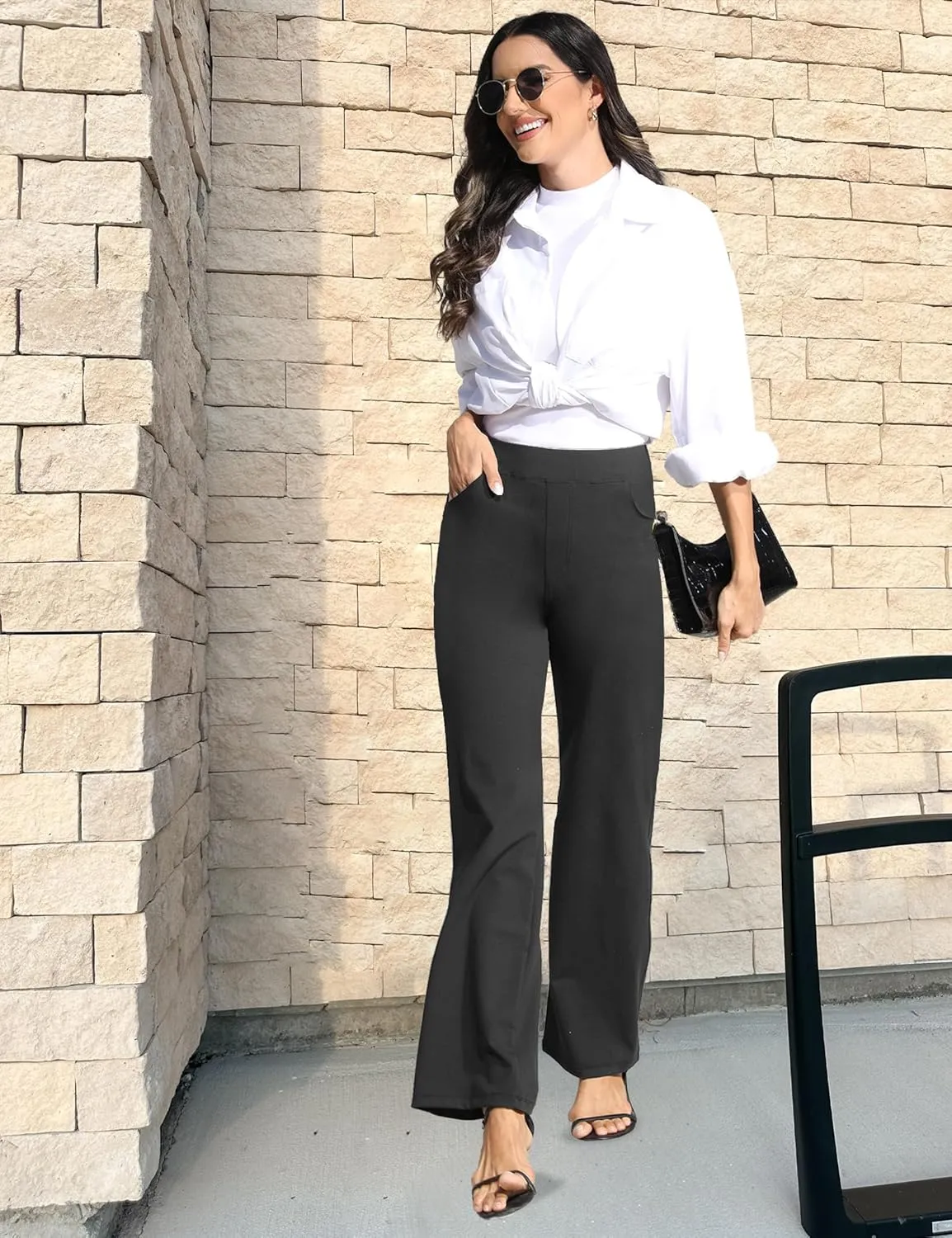 Wide Leg Yoga Pants Women with Pockets, High Waisted Casual Lounge Dress Pants Petite/Regular/Tall