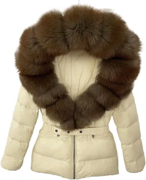 Winter Jacket Women Natural Real Raccoon Fox Fur Hooded White Duck Down Coat Belt Thick Warm Casual Outerwear