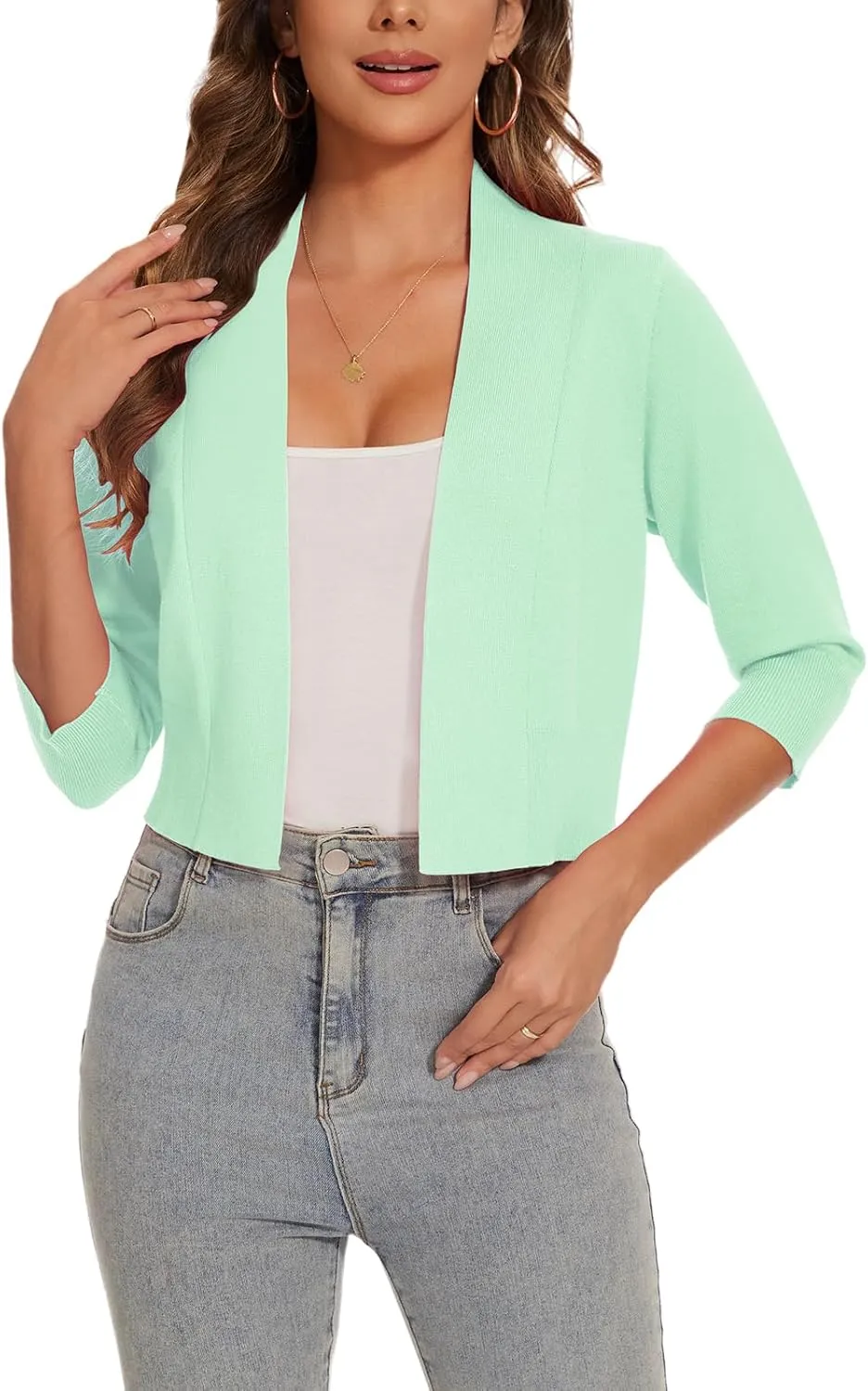 Women 3/4 Sleeve Cropped Cardigan Lightweight Casual Open Front Bolero Shrug Sweaters