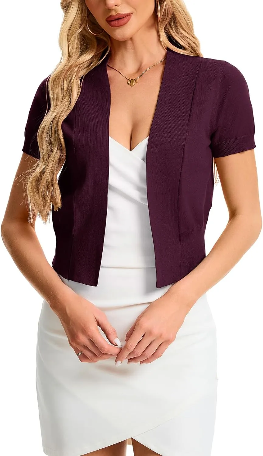 Women 3/4 Sleeve Cropped Cardigan Lightweight Casual Open Front Bolero Shrug Sweaters