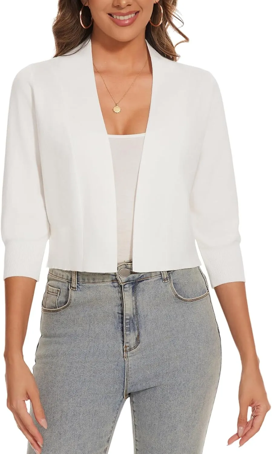 Women 3/4 Sleeve Cropped Cardigan Lightweight Casual Open Front Bolero Shrug Sweaters