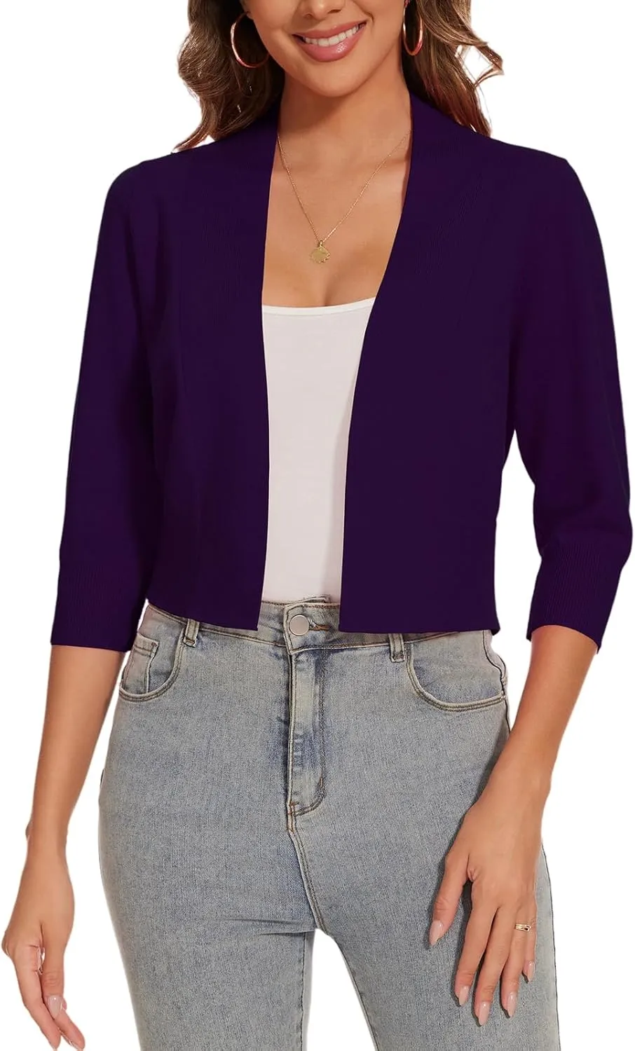 Women 3/4 Sleeve Cropped Cardigan Lightweight Casual Open Front Bolero Shrug Sweaters
