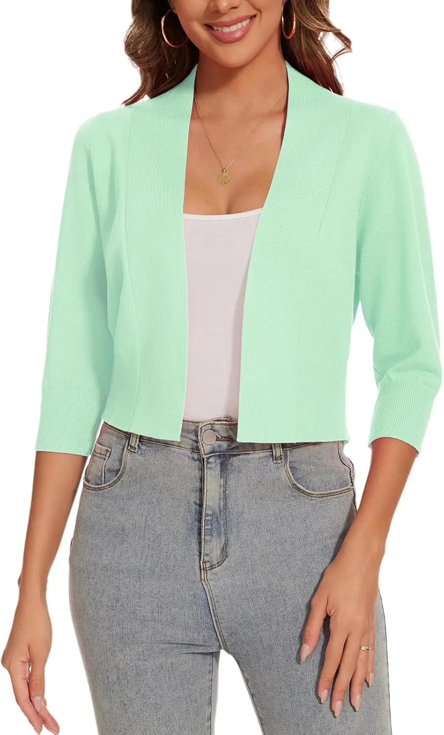 Women 3/4 Sleeve Cropped Cardigan Lightweight Casual Open Front Bolero Shrug Sweaters