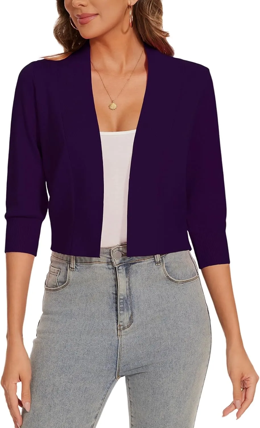 Women 3/4 Sleeve Cropped Cardigan Lightweight Casual Open Front Bolero Shrug Sweaters