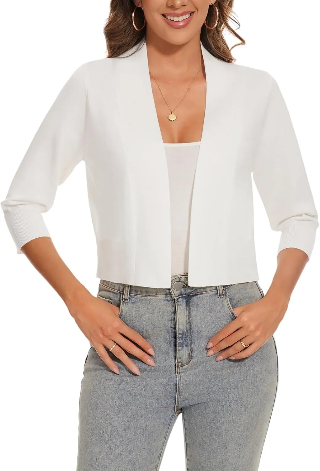 Women 3/4 Sleeve Cropped Cardigan Lightweight Casual Open Front Bolero Shrug Sweaters