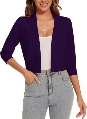 Women 3/4 Sleeve Cropped Cardigan Lightweight Casual Open Front Bolero Shrug Sweaters