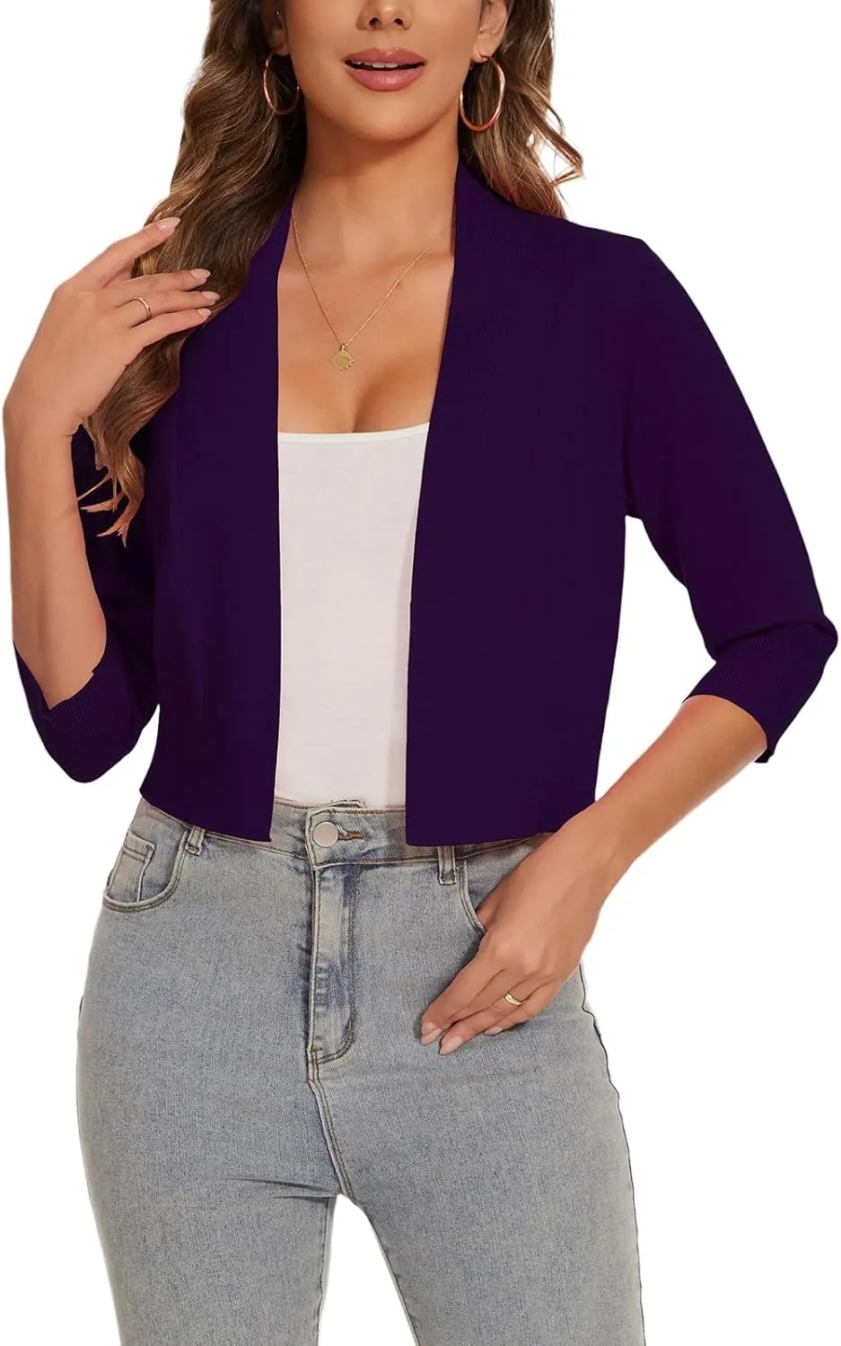 Women 3/4 Sleeve Cropped Cardigan Lightweight Casual Open Front Bolero Shrug Sweaters