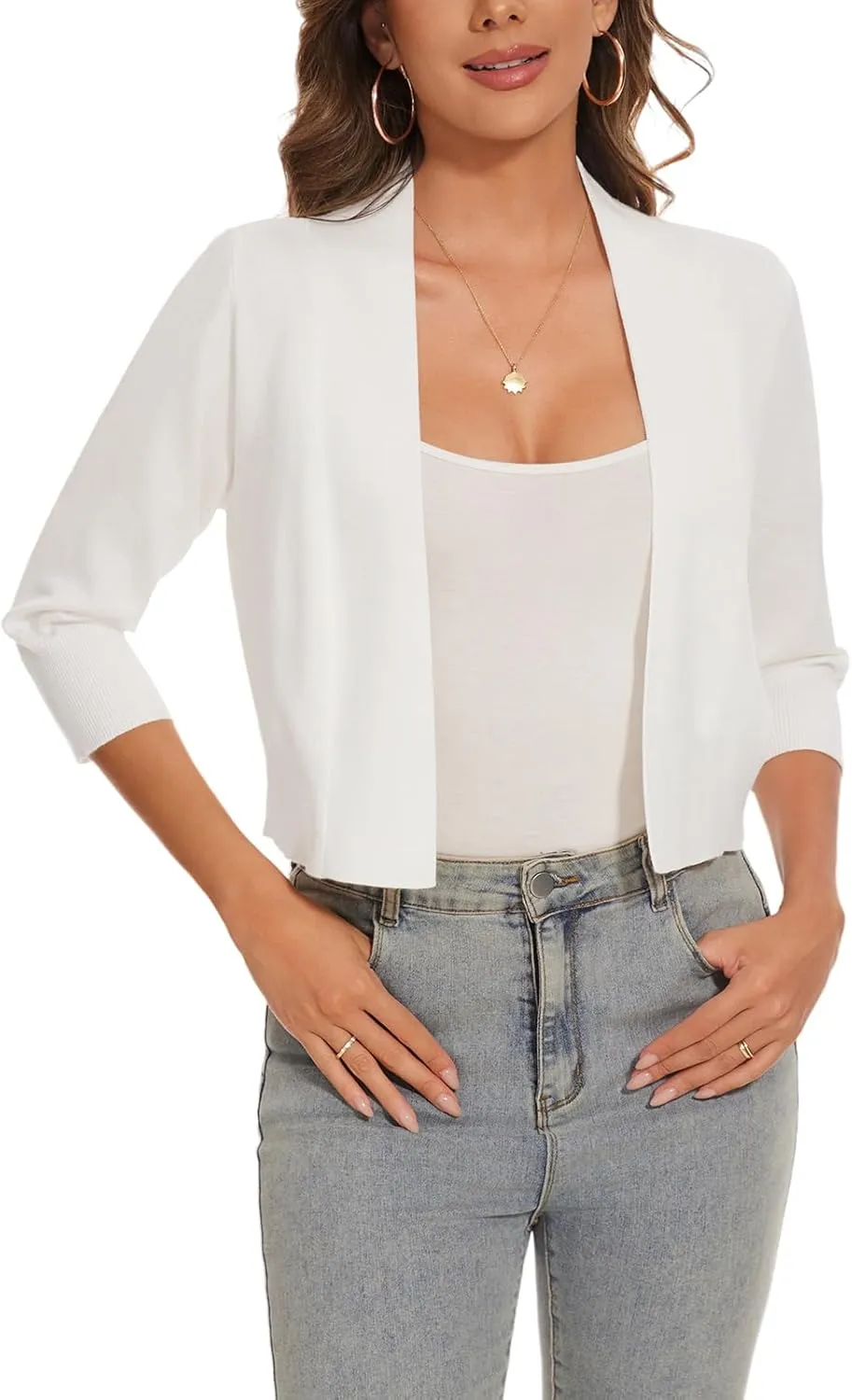 Women 3/4 Sleeve Cropped Cardigan Lightweight Casual Open Front Bolero Shrug Sweaters