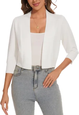 Women 3/4 Sleeve Cropped Cardigan Lightweight Casual Open Front Bolero Shrug Sweaters