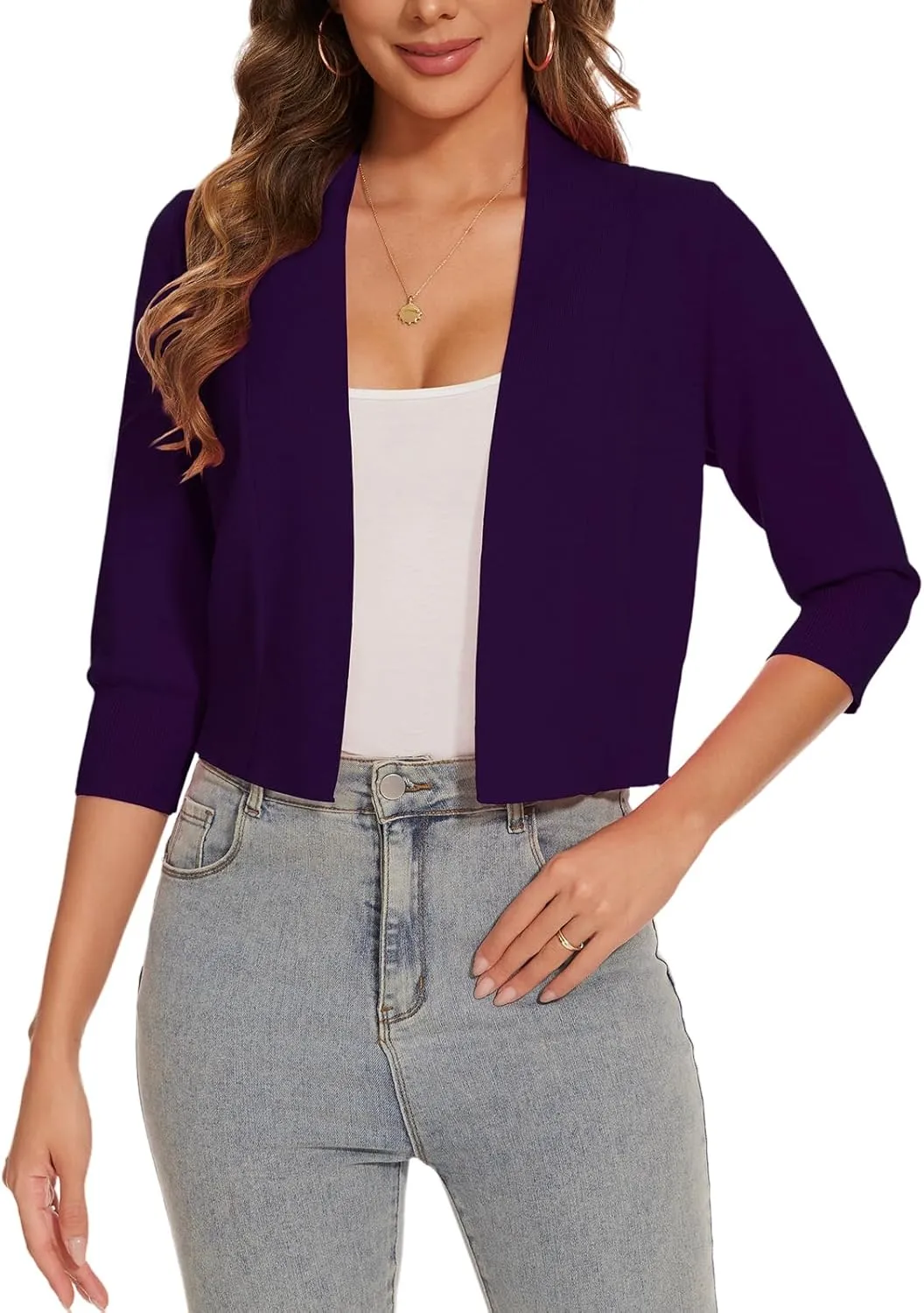 Women 3/4 Sleeve Cropped Cardigan Lightweight Casual Open Front Bolero Shrug Sweaters