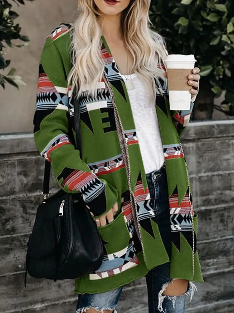 Women Boho Cardigan Aztec Open Front Long Sleeve Shawl Collar Sweater Coat