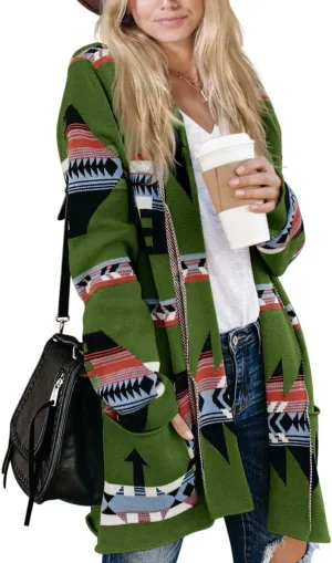 Women Boho Cardigan Aztec Open Front Long Sleeve Shawl Collar Sweater Coat