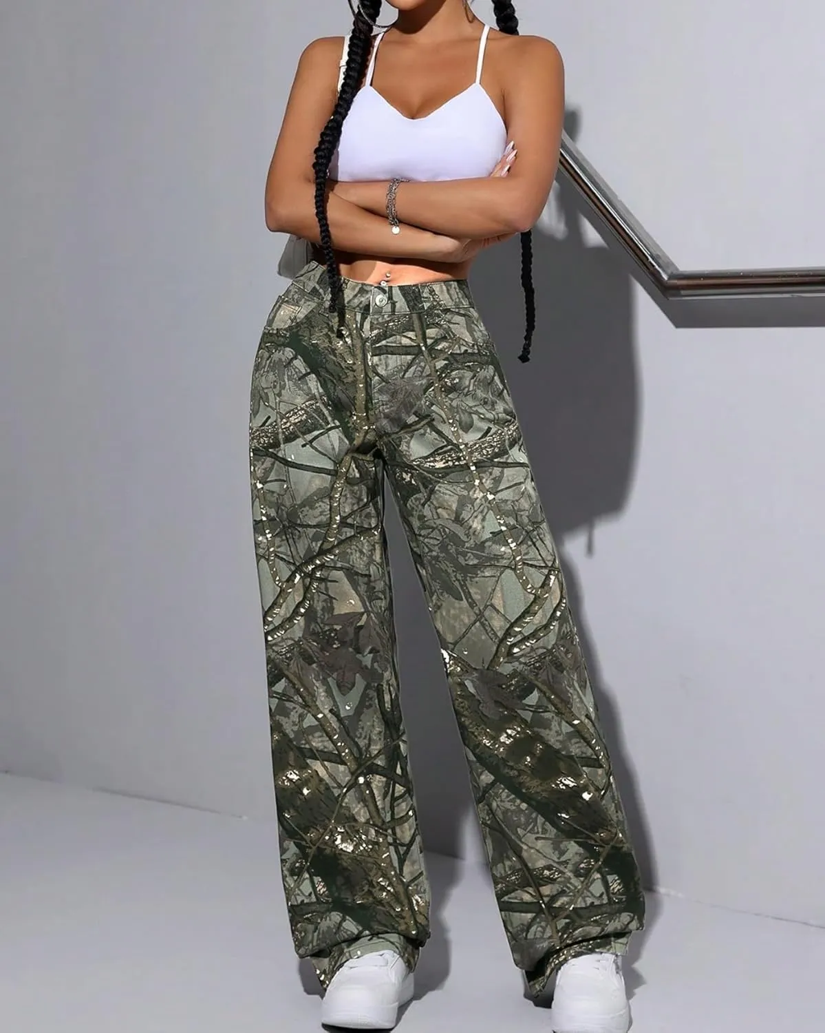 Women Camouflage Cargo Pants Low Waist Baggy Straight Wide Leg Trousers Jeans Slim Fit Pocket Sweatpants