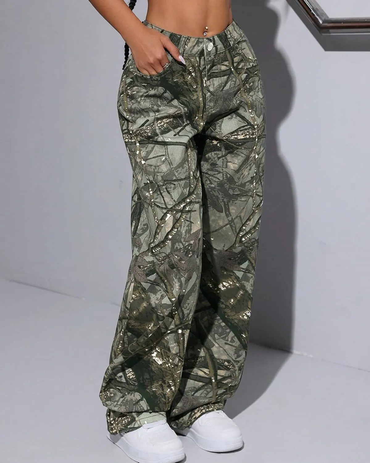 Women Camouflage Cargo Pants Low Waist Baggy Straight Wide Leg Trousers Jeans Slim Fit Pocket Sweatpants