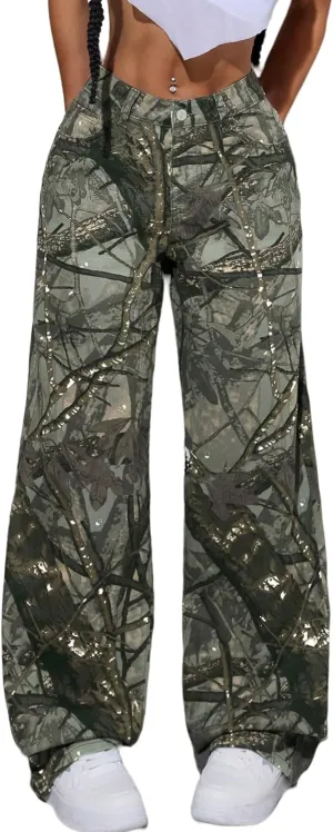 Women Camouflage Cargo Pants Low Waist Baggy Straight Wide Leg Trousers Jeans Slim Fit Pocket Sweatpants