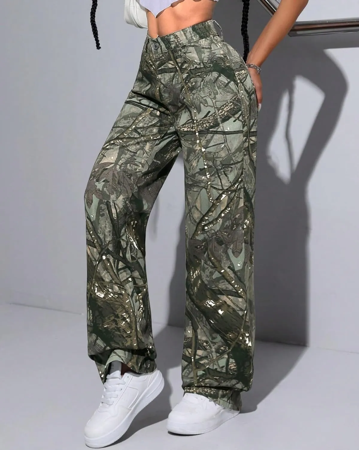 Women Camouflage Cargo Pants Low Waist Baggy Straight Wide Leg Trousers Jeans Slim Fit Pocket Sweatpants