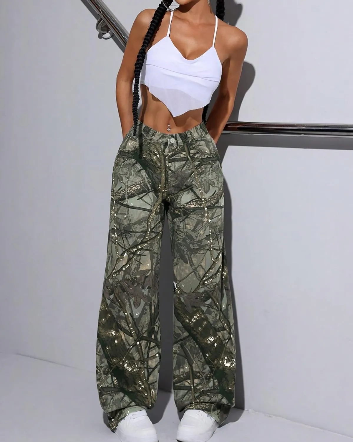 Women Camouflage Cargo Pants Low Waist Baggy Straight Wide Leg Trousers Jeans Slim Fit Pocket Sweatpants