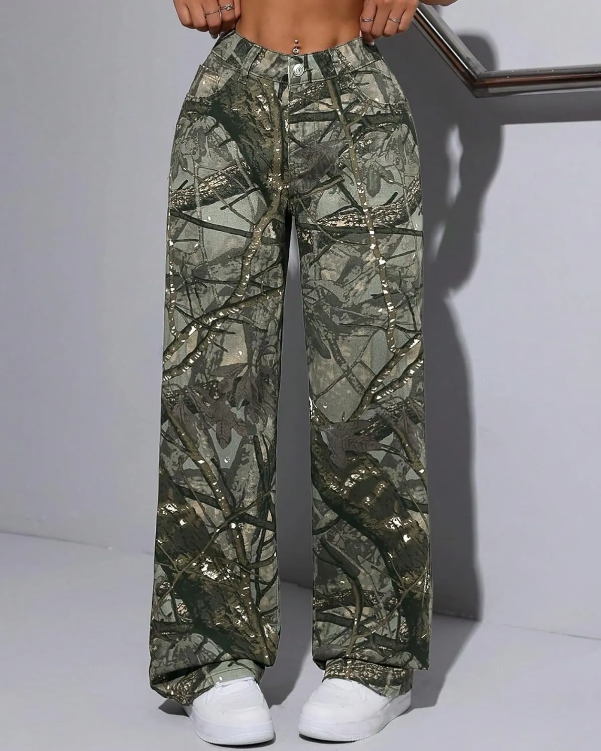 Women Camouflage Cargo Pants Low Waist Baggy Straight Wide Leg Trousers Jeans Slim Fit Pocket Sweatpants