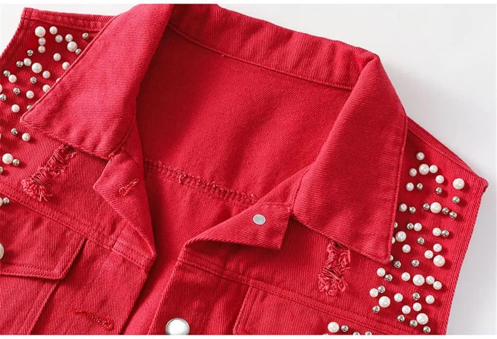 Women Denim Vest Spring Autumn Casual Hole Nail Bead Sleeveless Jacket Short Jean Waistcoat