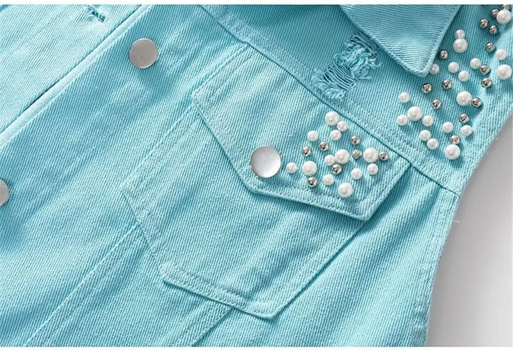 Women Denim Vest Spring Autumn Casual Hole Nail Bead Sleeveless Jacket Short Jean Waistcoat