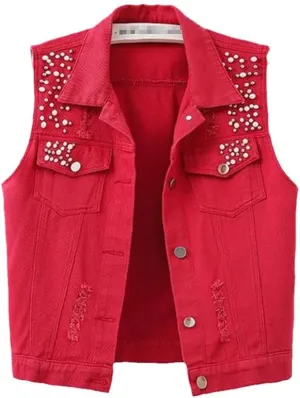 Women Denim Vest Spring Autumn Casual Hole Nail Bead Sleeveless Jacket Short Jean Waistcoat