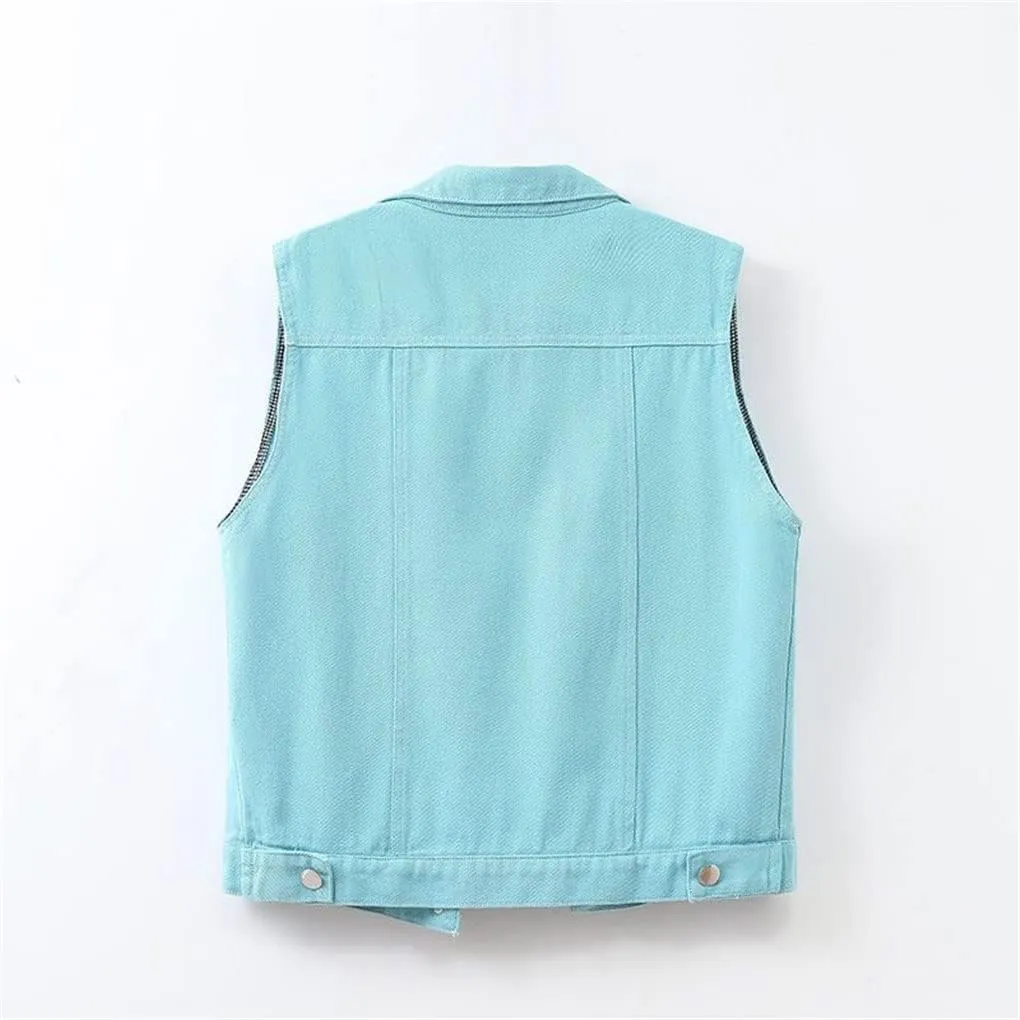 Women Denim Vest Spring Autumn Casual Hole Nail Bead Sleeveless Jacket Short Jean Waistcoat