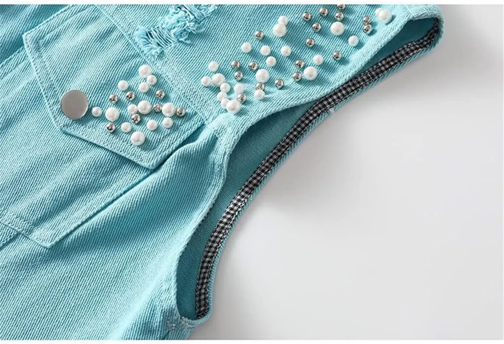 Women Denim Vest Spring Autumn Casual Hole Nail Bead Sleeveless Jacket Short Jean Waistcoat