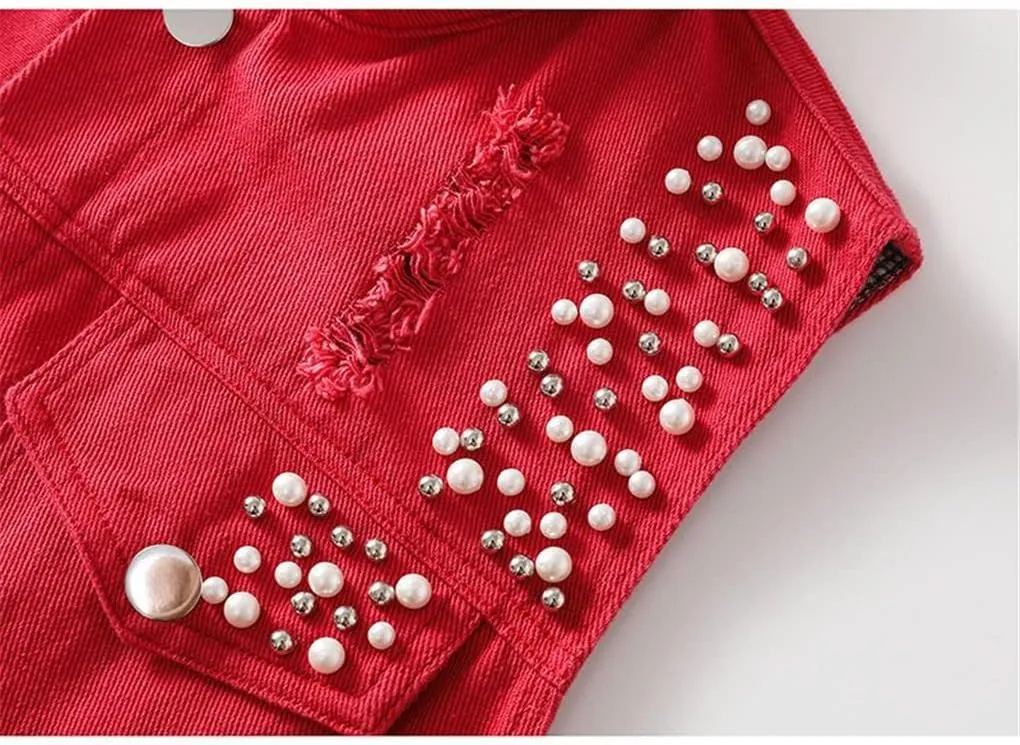 Women Denim Vest Spring Autumn Casual Hole Nail Bead Sleeveless Jacket Short Jean Waistcoat