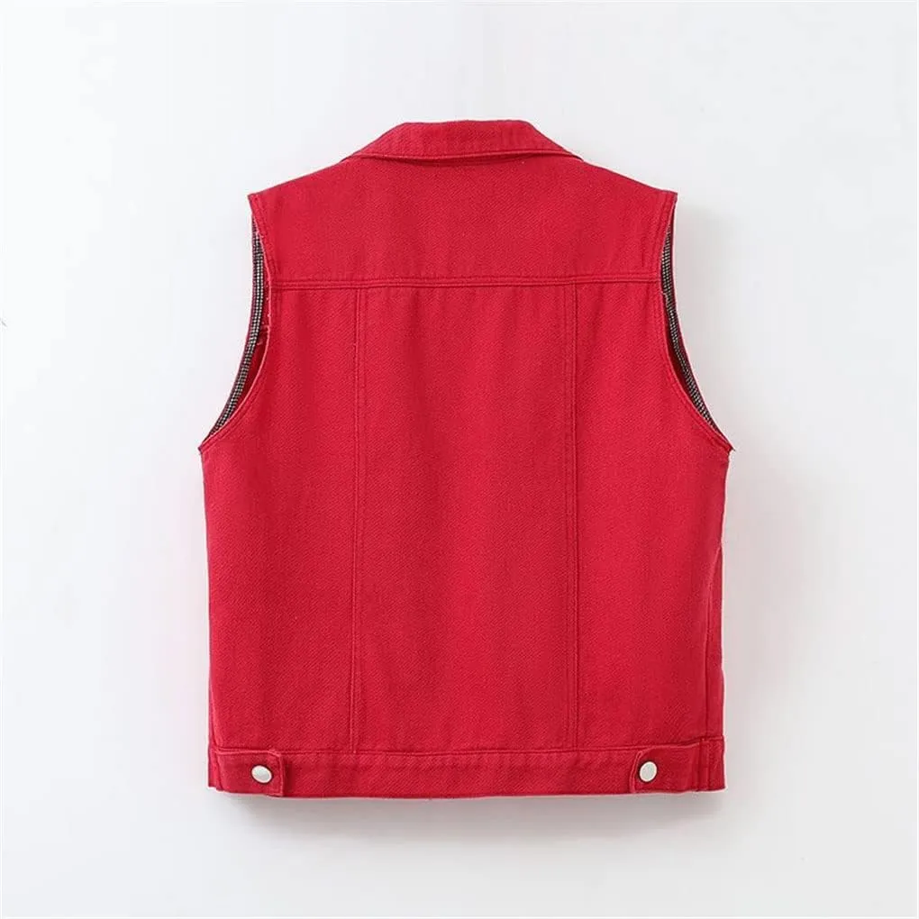 Women Denim Vest Spring Autumn Casual Hole Nail Bead Sleeveless Jacket Short Jean Waistcoat