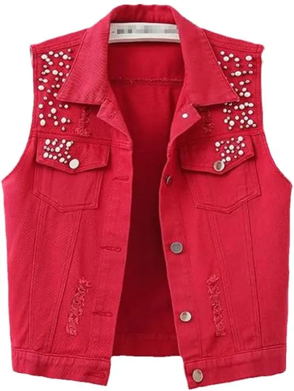 Women Denim Vest Spring Autumn Casual Hole Nail Bead Sleeveless Jacket Short Jean Waistcoat