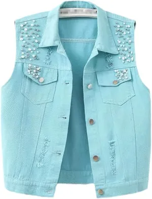 Women Denim Vest Spring Autumn Casual Hole Nail Bead Sleeveless Jacket Short Jean Waistcoat