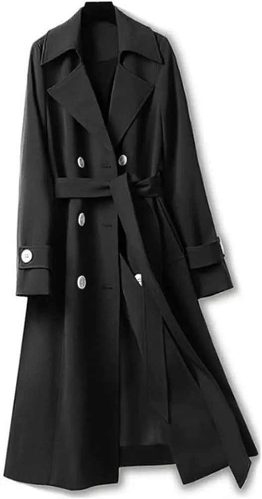 Women Double Breasted Long Trench Coat Lapel Long Sleeve Slim Windbreaker With Belt Fashion Spring Autumn Outerwear