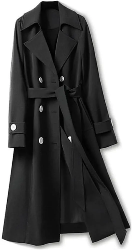 Women Double Breasted Long Trench Coat Lapel Long Sleeve Slim Windbreaker With Belt Fashion Spring Autumn Outerwear