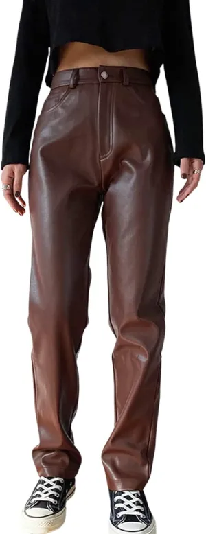Women Faux Leather Pants High Waist Straight Leg Vintage Pu Trousers Y2k Sexy Baggy Leather Pnats Streetwear (B Brown, Large)