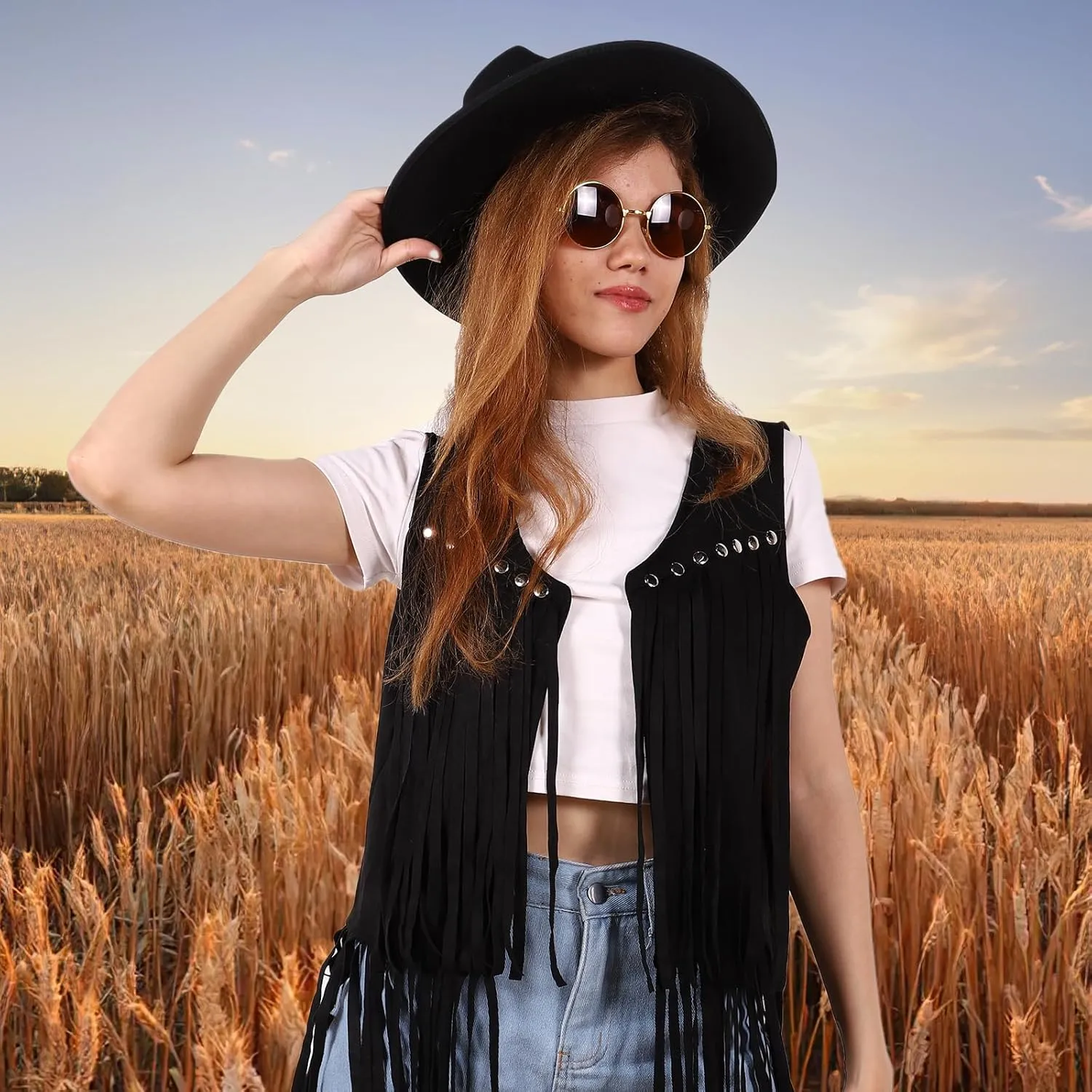 Women Fringe Vest 70s Hippie Costume Faux Suede Rivets Tassel Sleeveless Cowgirl Western Costume Jacket Outerwear