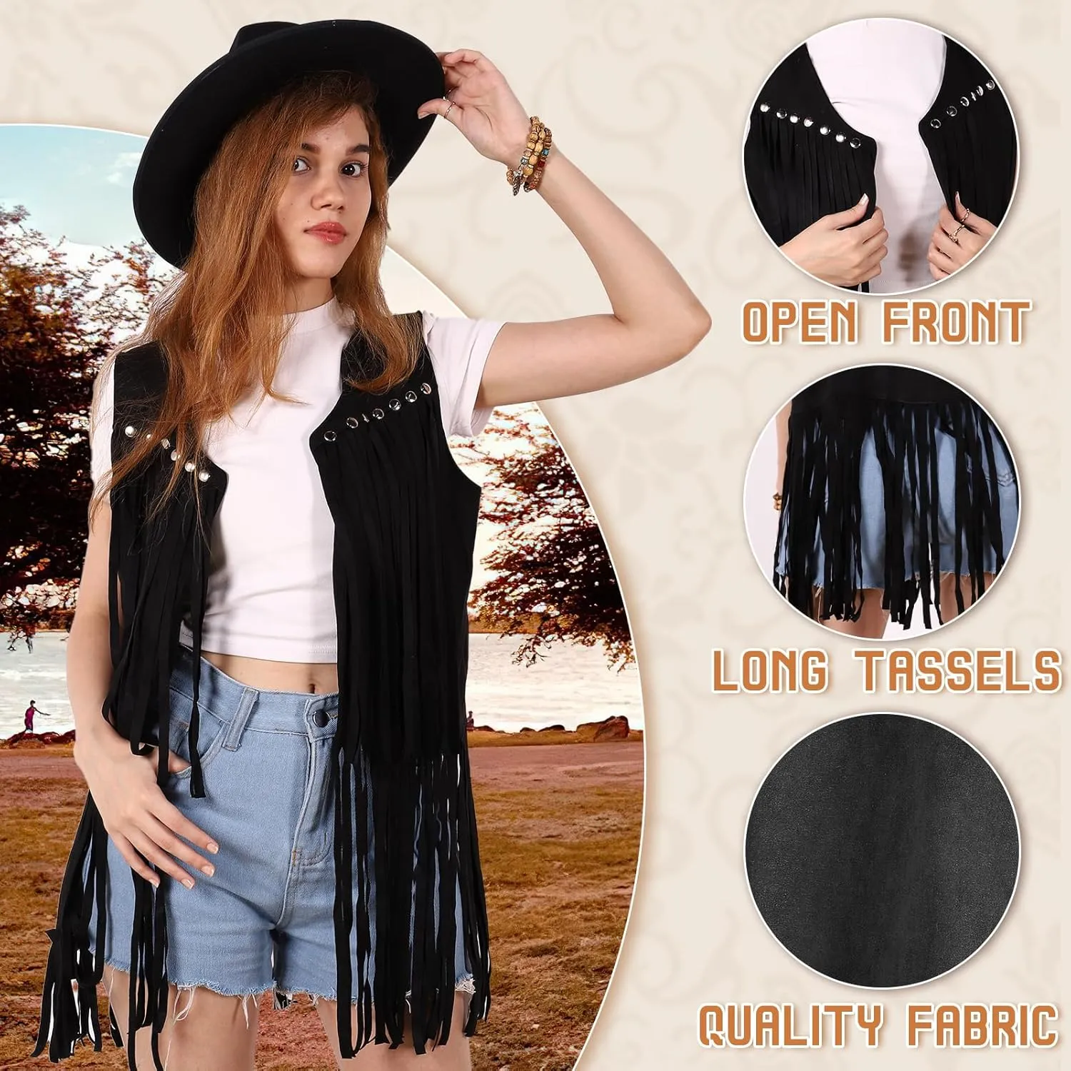 Women Fringe Vest 70s Hippie Costume Faux Suede Rivets Tassel Sleeveless Cowgirl Western Costume Jacket Outerwear
