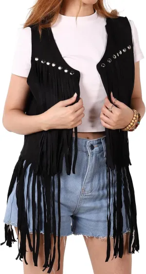 Women Fringe Vest 70s Hippie Costume Faux Suede Rivets Tassel Sleeveless Cowgirl Western Costume Jacket Outerwear