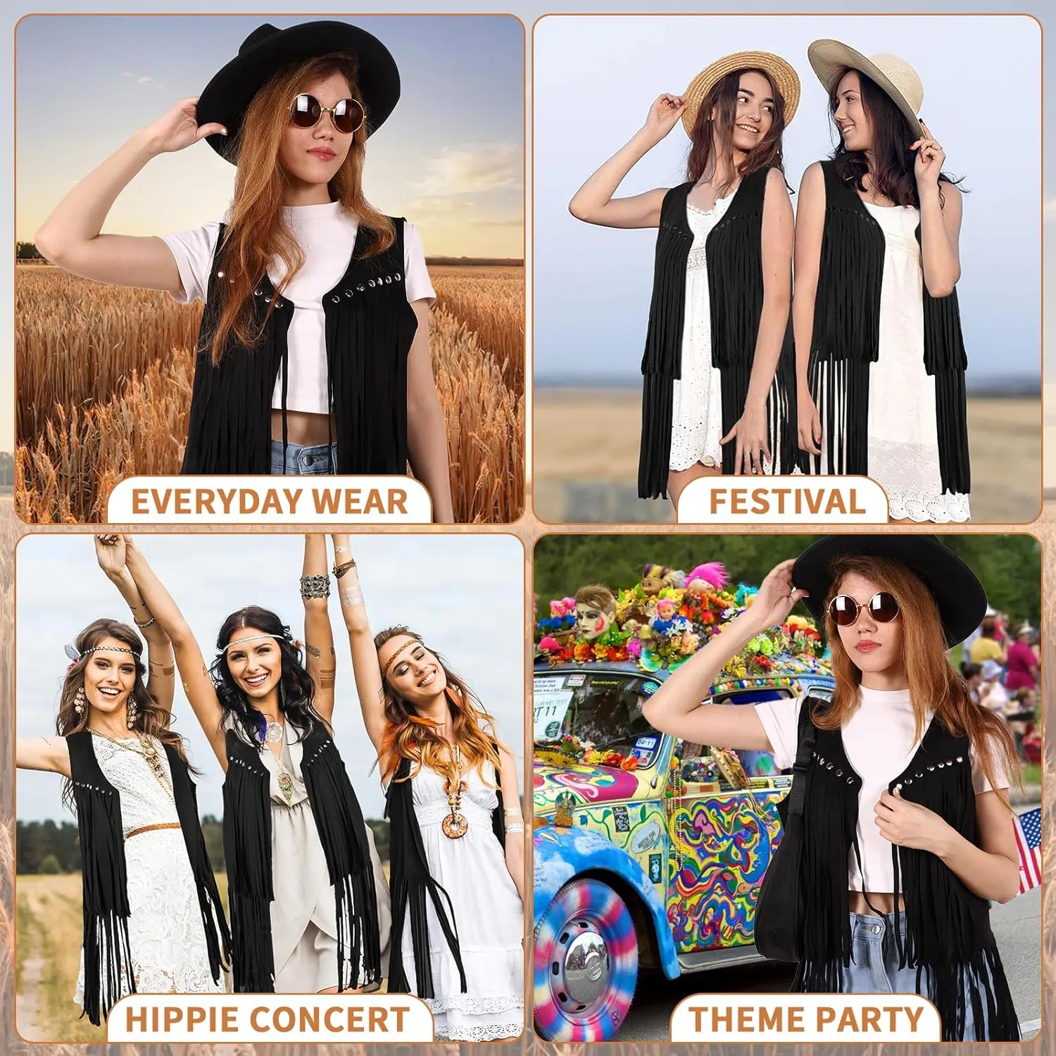 Women Fringe Vest 70s Hippie Costume Faux Suede Rivets Tassel Sleeveless Cowgirl Western Costume Jacket Outerwear