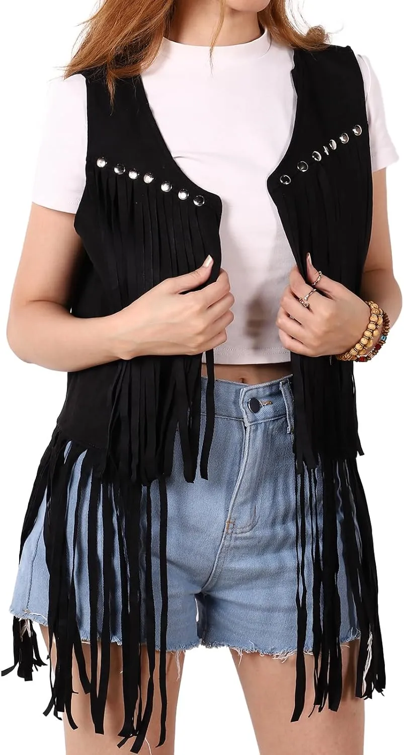 Women Fringe Vest 70s Hippie Costume Faux Suede Rivets Tassel Sleeveless Cowgirl Western Costume Jacket Outerwear