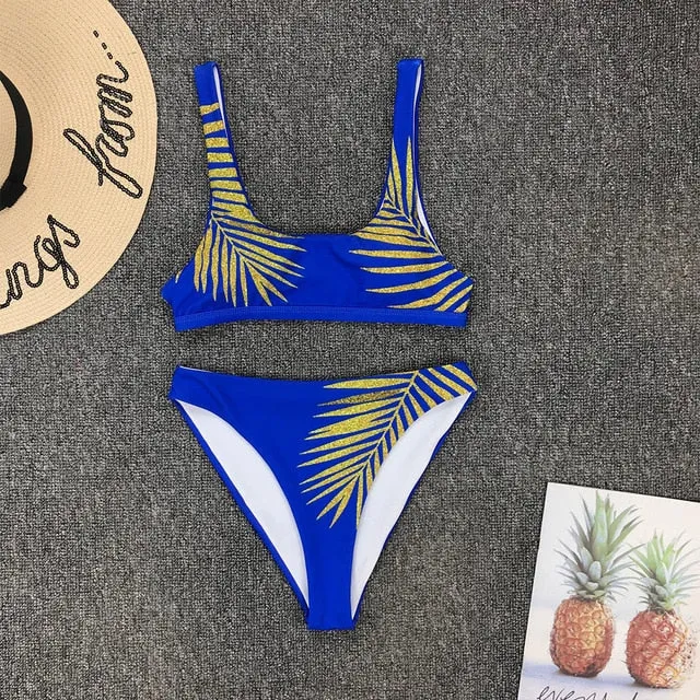 Women High Waist Swimsuit Print Leaf Print Brazilian Micro Bikini Set