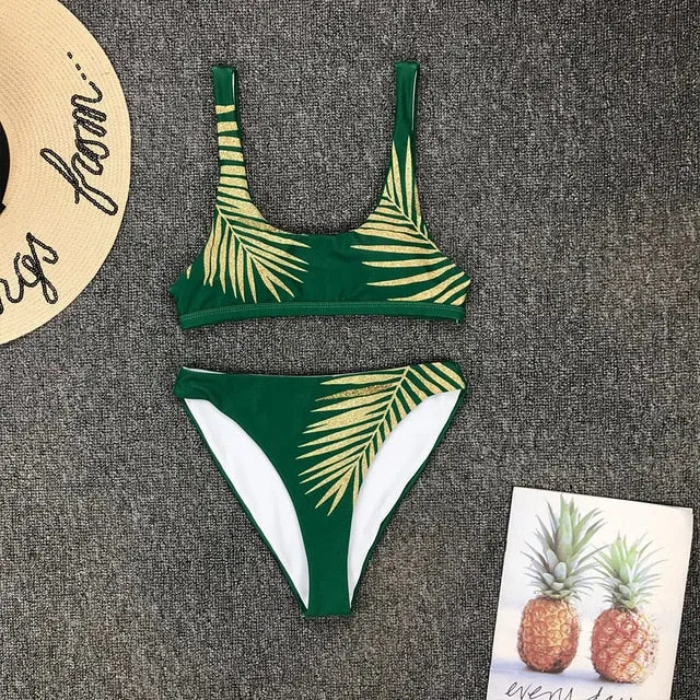 Women High Waist Swimsuit Print Leaf Print Brazilian Micro Bikini Set