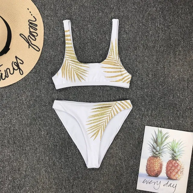 Women High Waist Swimsuit Print Leaf Print Brazilian Micro Bikini Set