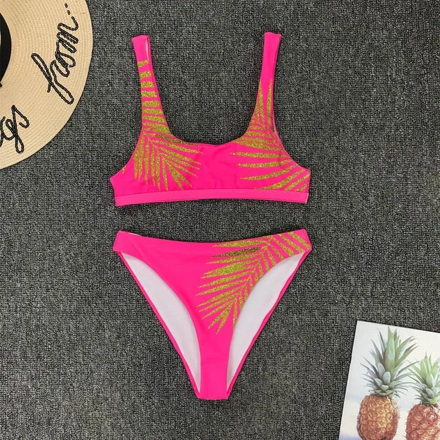 Women High Waist Swimsuit Print Leaf Print Brazilian Micro Bikini Set
