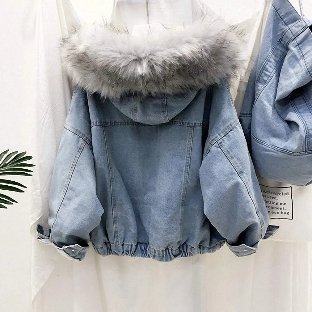 Women Large Fur Collar Hooded Denim Jacket Thicken Velvet Shaggy Loose Bomber Jean Jacket Warm Fleece Lined Cotton-Padded